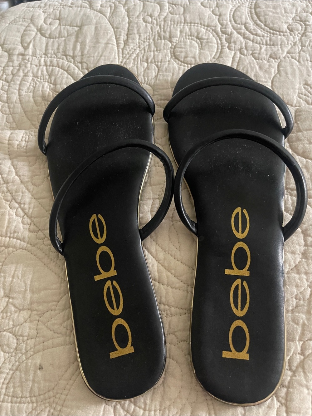 bebe Black Slide Sandals with Gold Logo and trim